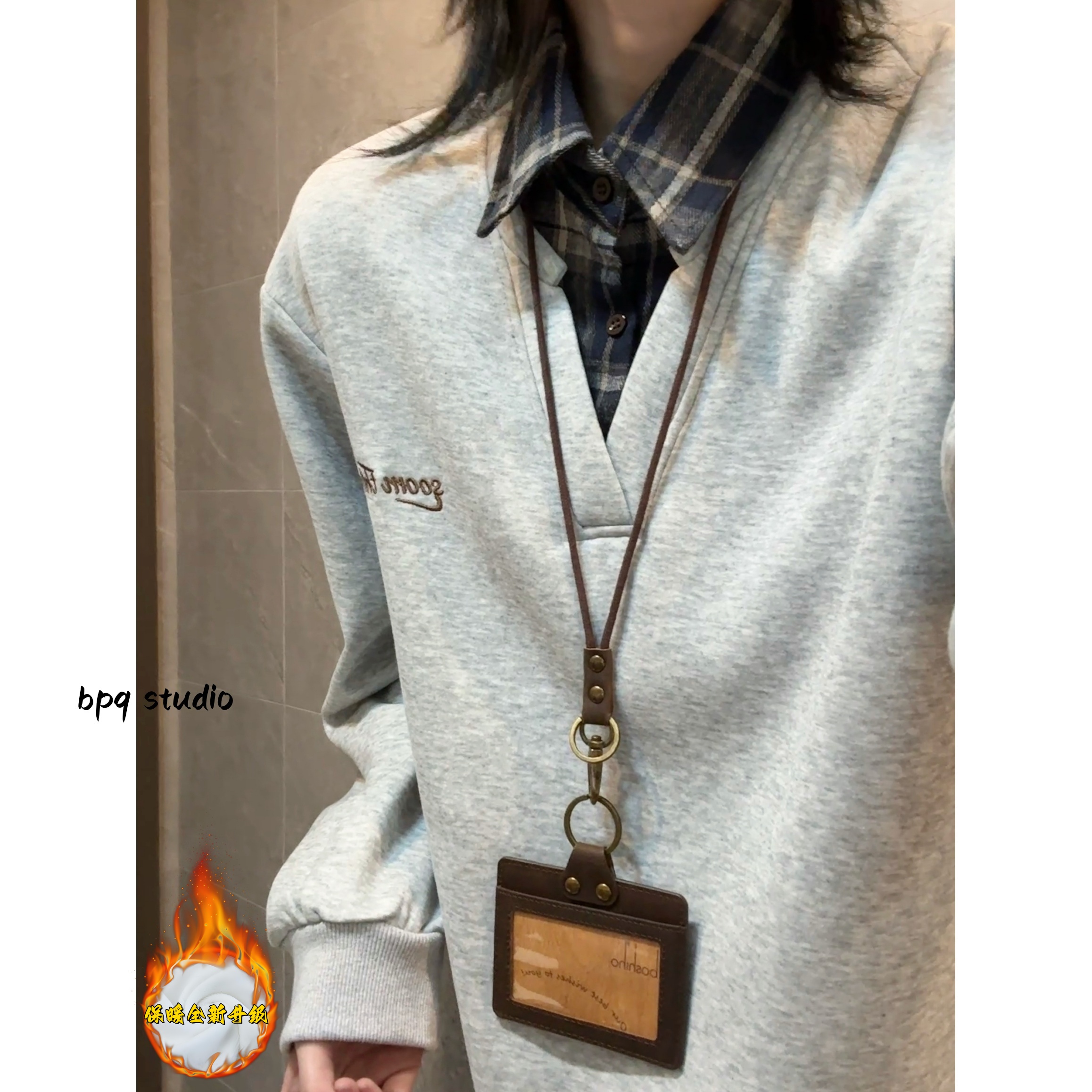 假两件拼接衬衫领卫衣男女秋冬美式复古格子上衣学院风情侣外套