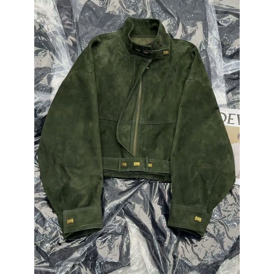 美式复古巴恩风立领机车夹克外套女秋季绿色系独特超好看开衫上衣