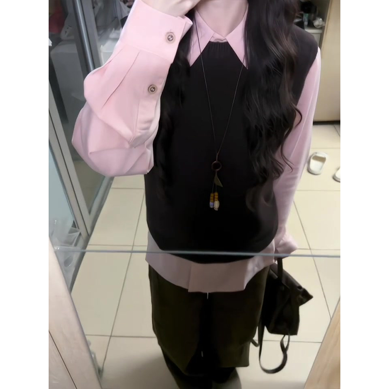 parkyeon学院风粉色Polo领长袖衬衫叠穿针织马甲女秋季休闲长裤