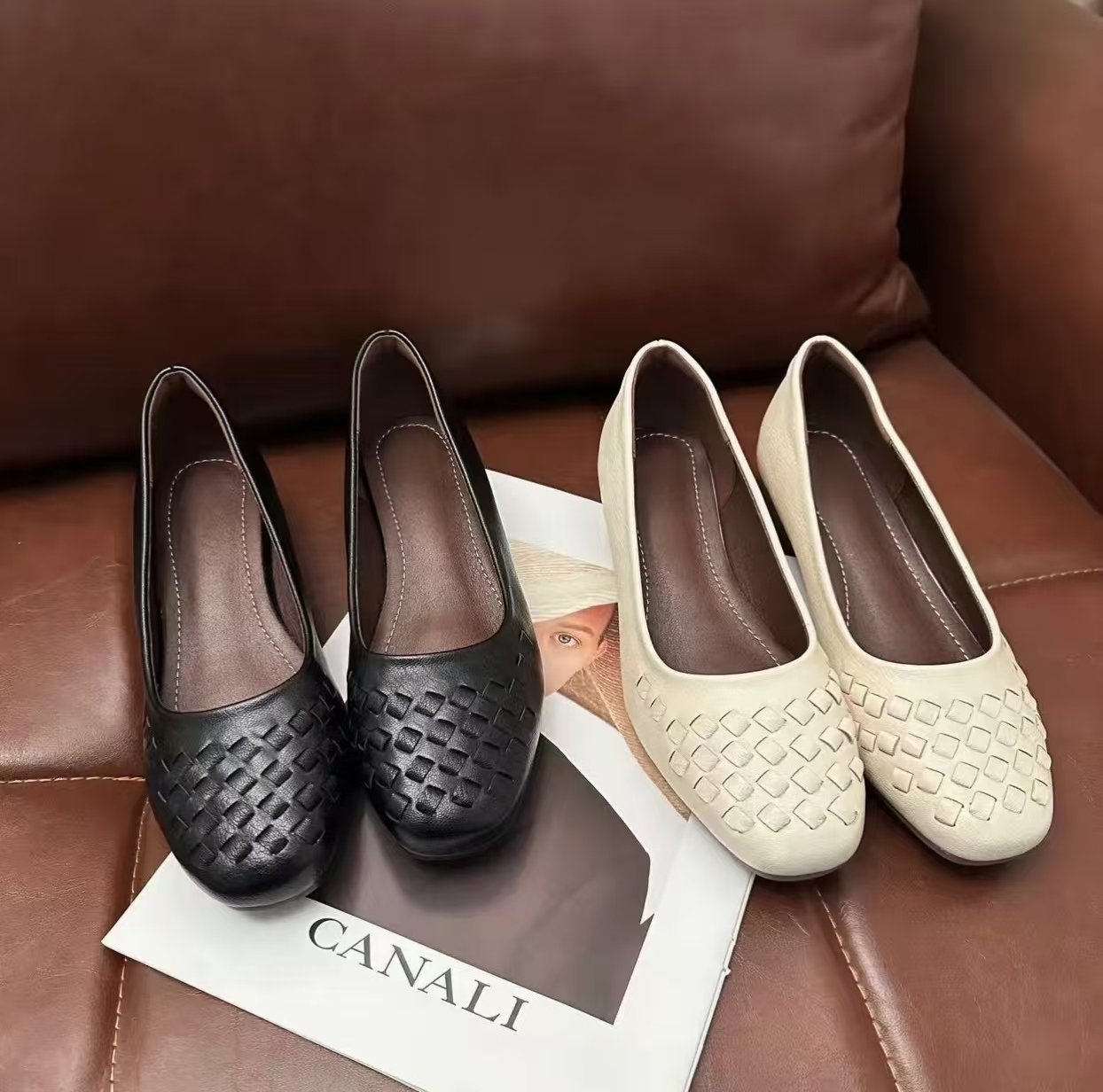 【翘颜品牌】2025新款法式方头编织浅口休闲舒适百搭女鞋93815