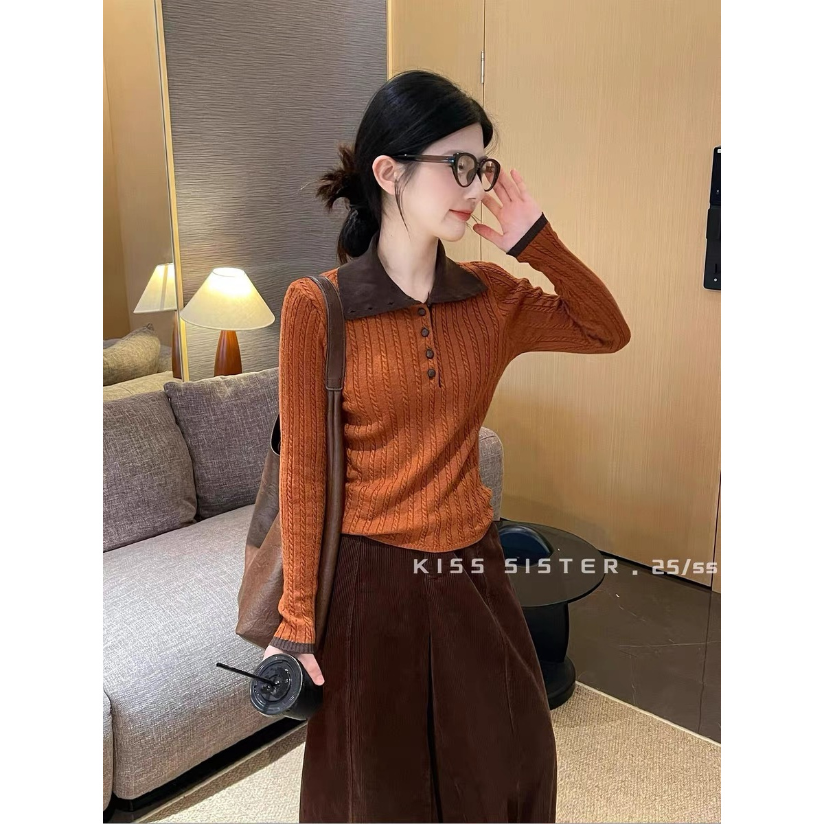 韩系撞色高领拼接长袖针织衫秋冬大码女装设计感内搭修身短款上衣