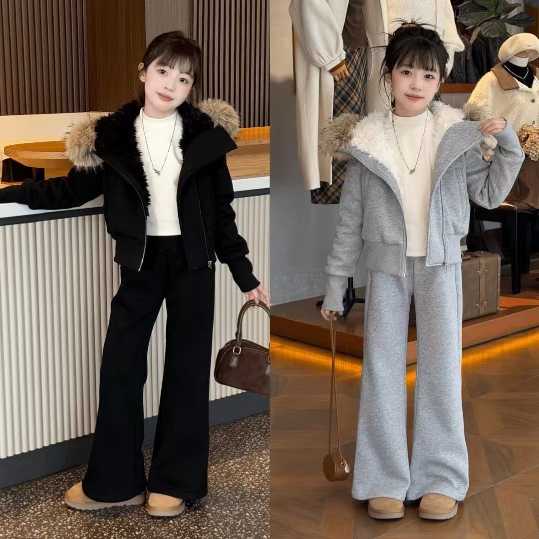 冬装甜酷女童大毛领连帽加绒外套洋气儿童超好看加厚喇叭裤两件套