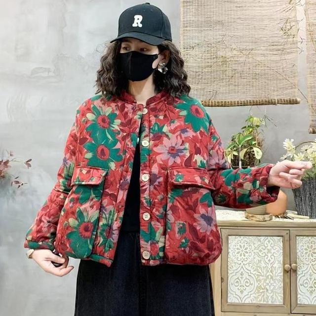 冬季新宽松大码加绒加厚碎花棉衣外套复古文艺休闲百搭大口袋棉袄