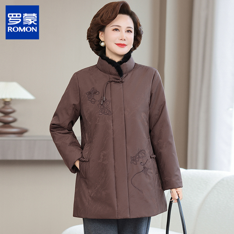 罗蒙妈妈冬装立领羽绒服冬季新款中老年加厚印花奶奶款中长款外套