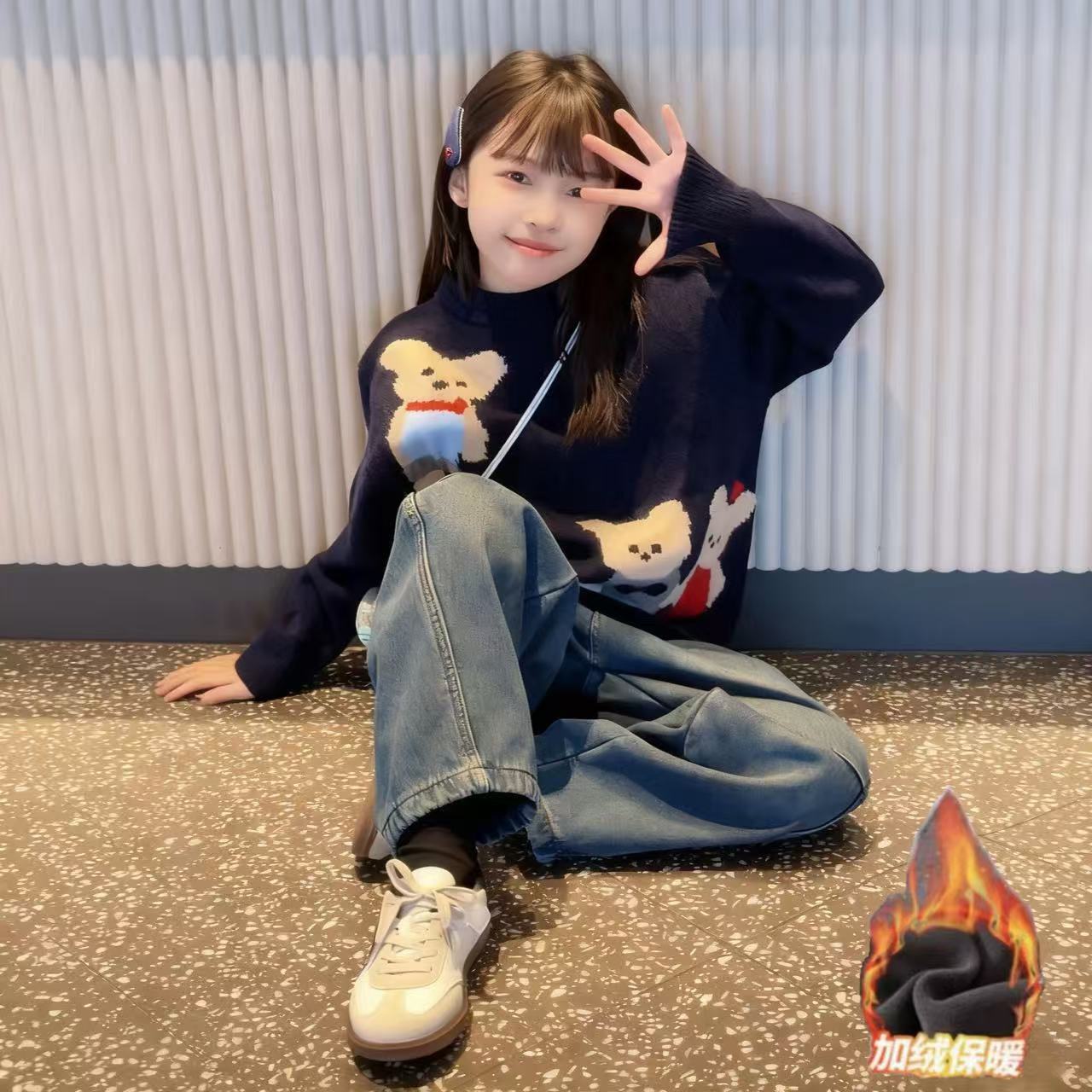 女童2025新款秋冬季韩版小熊宽松甜美毛衣潮品加绒牛仔裤裤套装