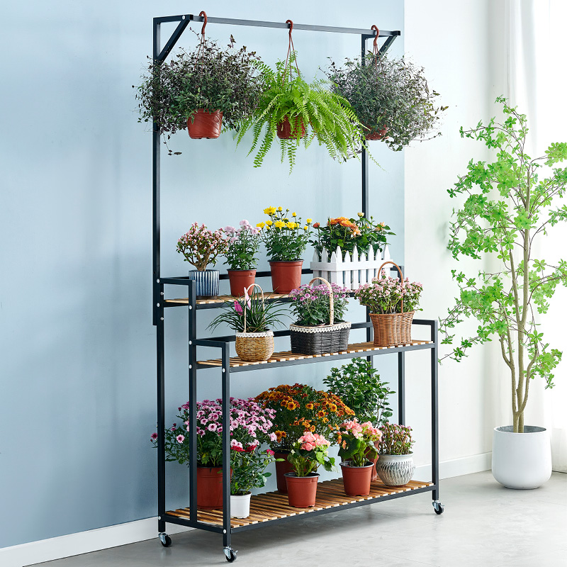 花架子带轮悬挂落地阶梯式展示架碳化木铁艺多肉吊篮置物架子花盆