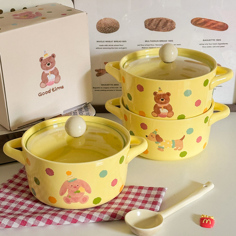 可爱波点双耳泡面碗带盖学生宿舍大容量方便面碗个人专用螺蛳粉碗