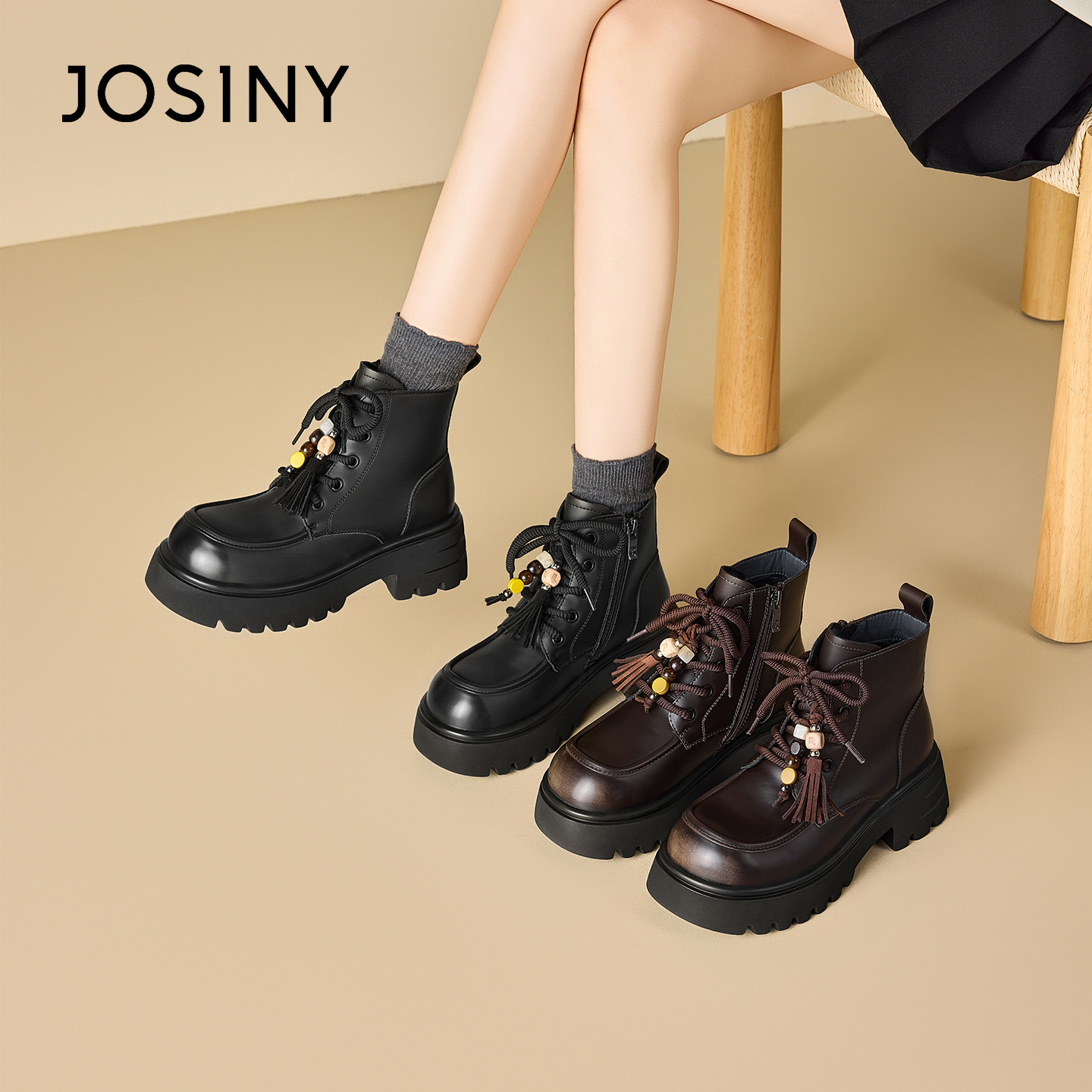 卓诗尼马丁靴冬季新款高帮英伦风厚底小个子轻便加绒保暖复古短靴