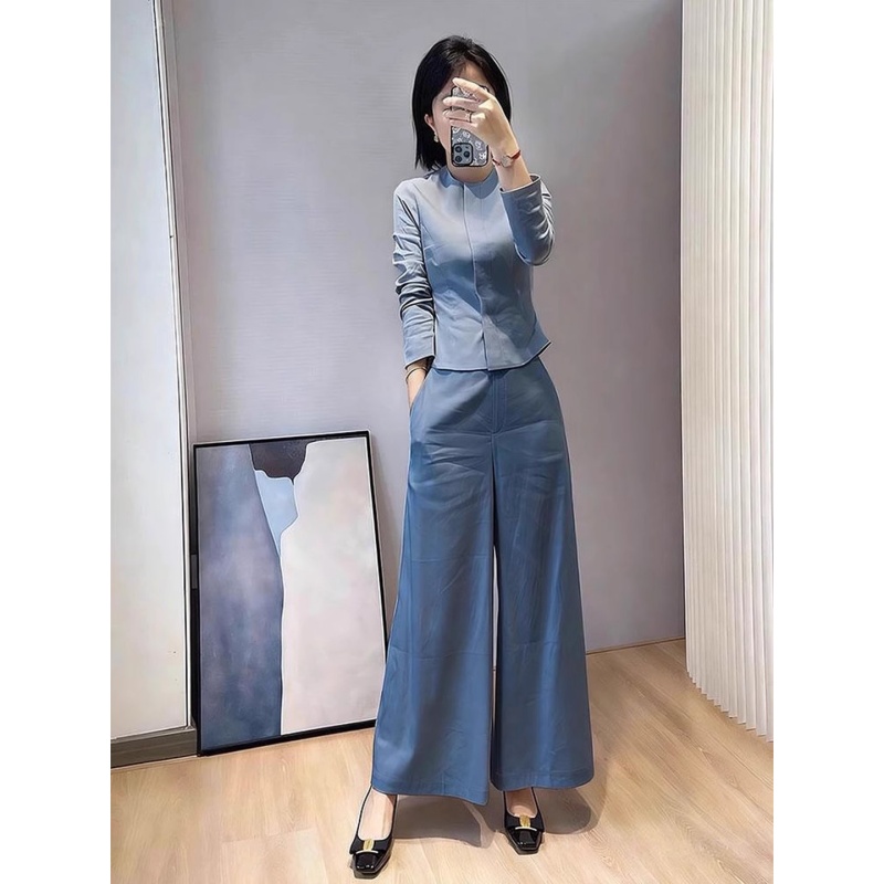 姐系贵感套装早秋巨好看高级小香风气质掐腰蓝色衬衫阔腿裤两件套