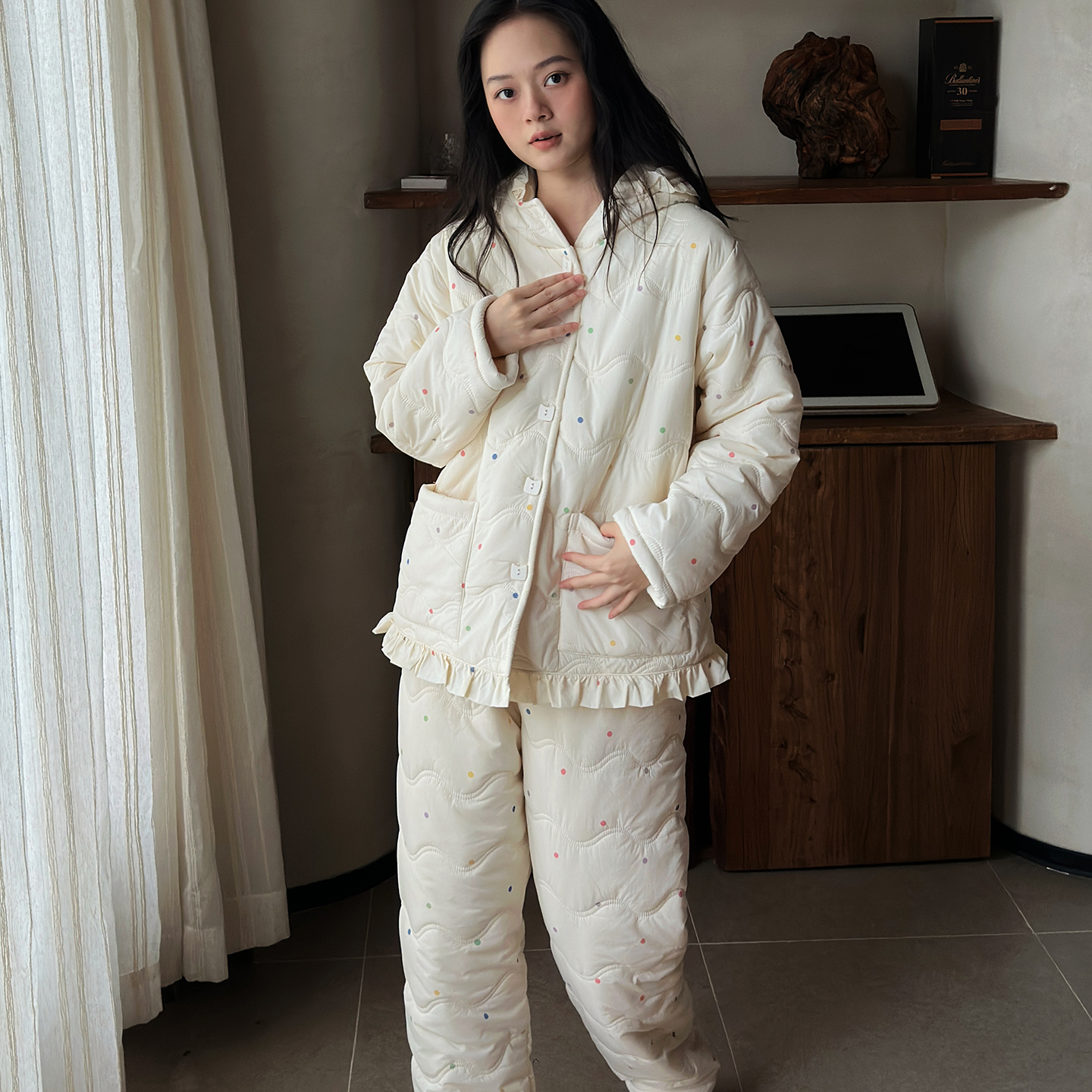 及好【超保暖】冬季睡衣女三层夹棉袄珊瑚绒加绒加厚保暖家居服套装