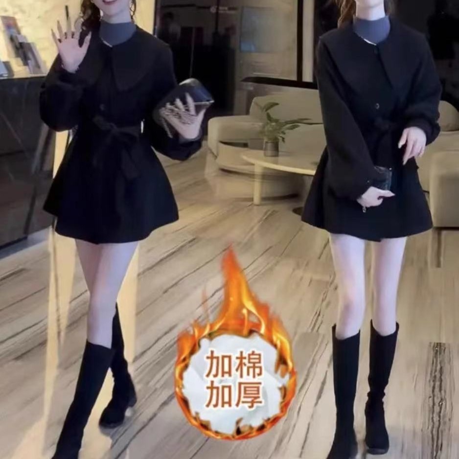 【现货】小个子韩版宽松娃娃领收腰翻领系带夹棉毛呢外套