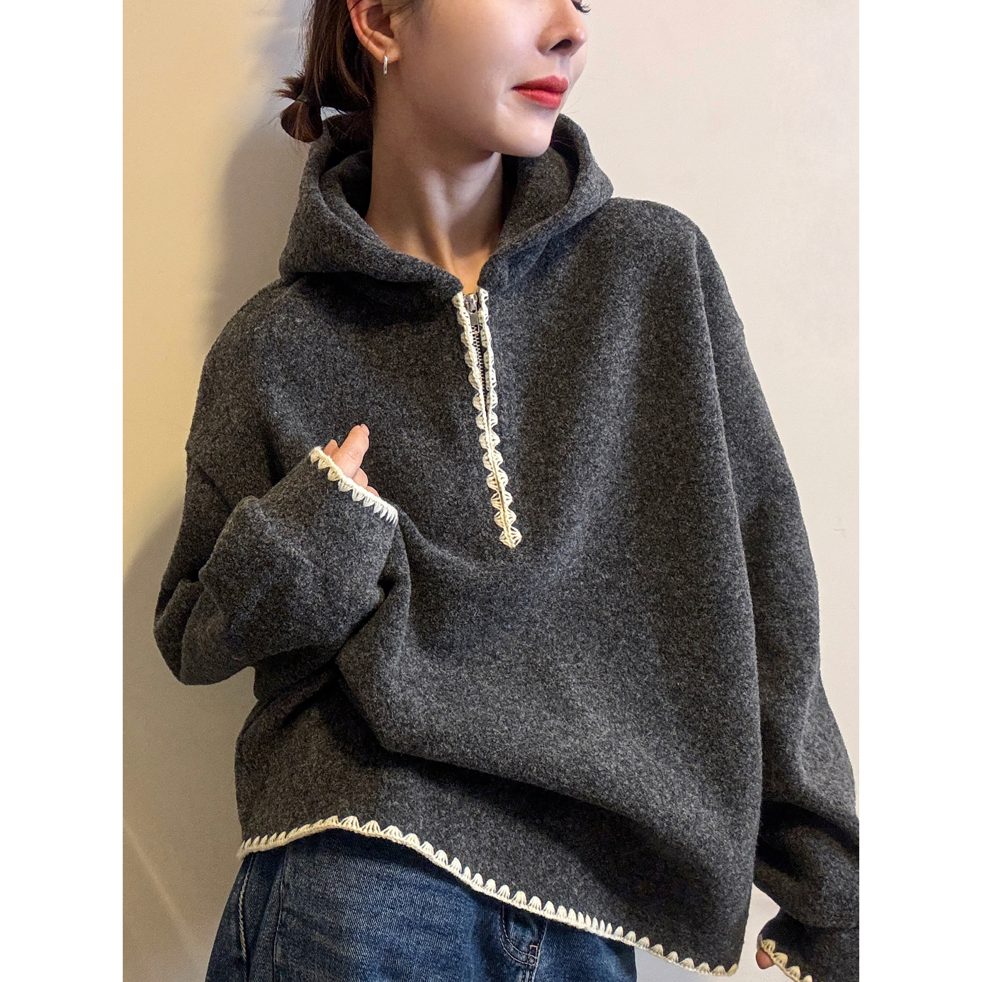 复古连帽加绒卫衣女欧洲站2025冬装新款欧货女装加厚百搭上衣潮