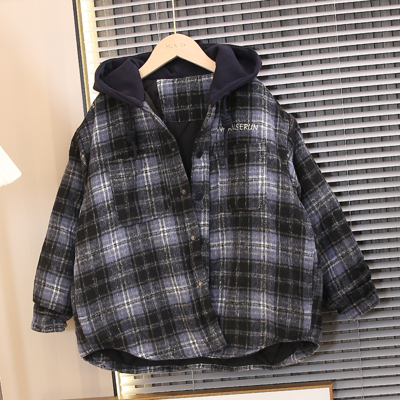 儿童装男童格子夹棉连帽外套冬季男孩中大童加厚韩版宽松休闲衬衫