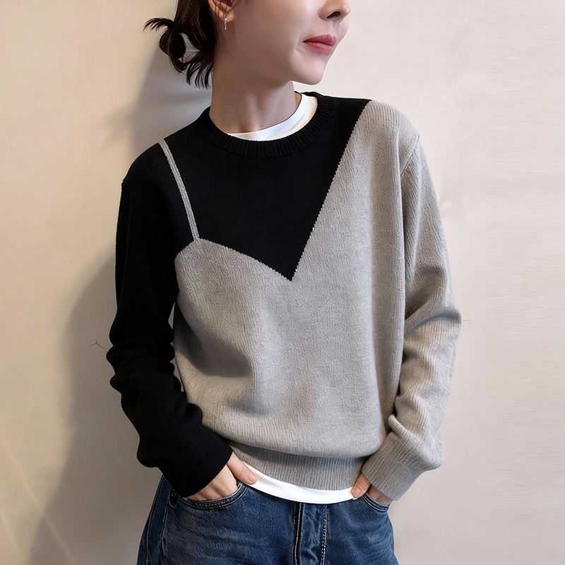 撞色假两件圆领毛衣女秋冬慵懒高级感宽松显瘦内搭打底针织衫上衣