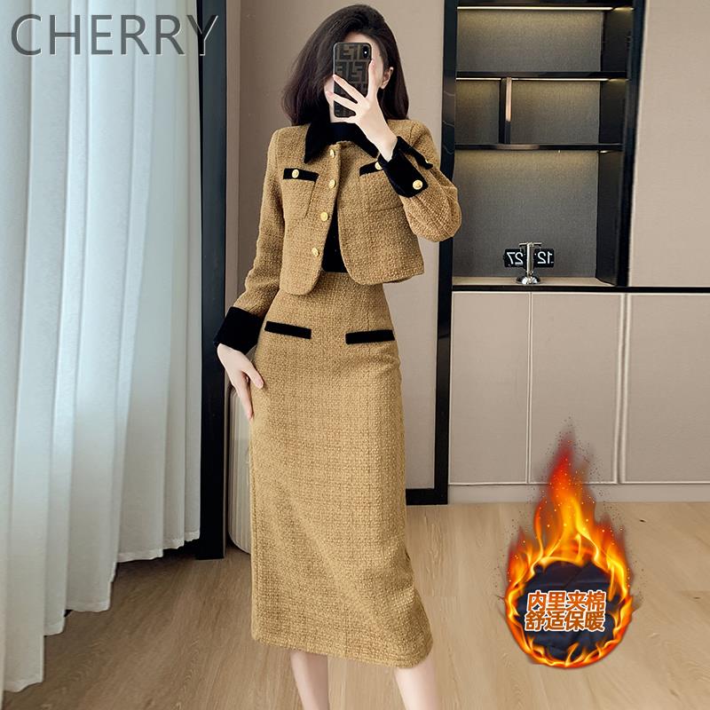 2025秋冬新款法式高级感粗花呢小香风撞色短外套显瘦半身裙两件套