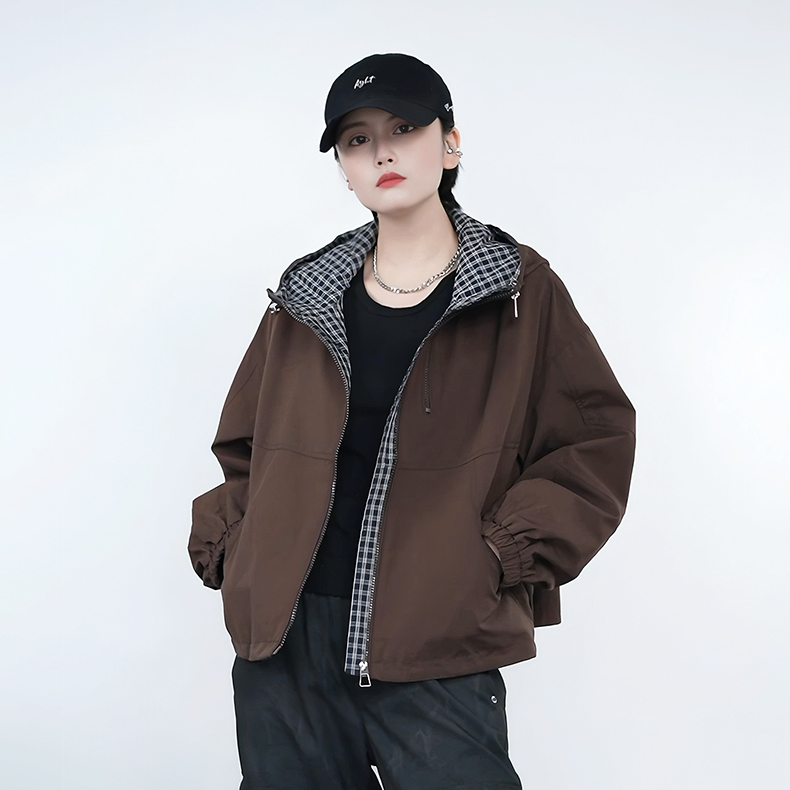 休闲韩版2025秋季通勤外套女长袖拼接格子连帽百搭洋气减龄上衣潮