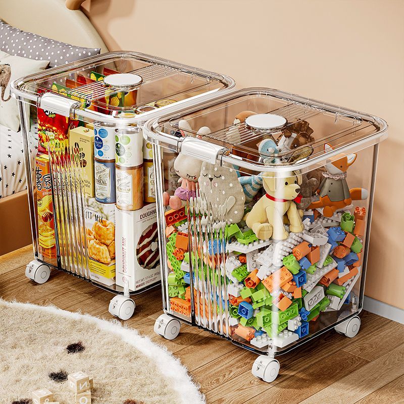 透明款玩具收纳箱多功能大容量储物盒带滑轮可移动可叠放整理神器