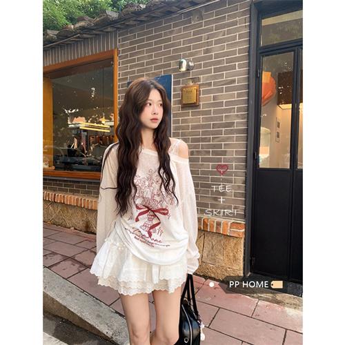 胖mm春夏洋气防晒印花百搭斜肩长袖上衣半裙纯欲慵懒女装显瘦韩版