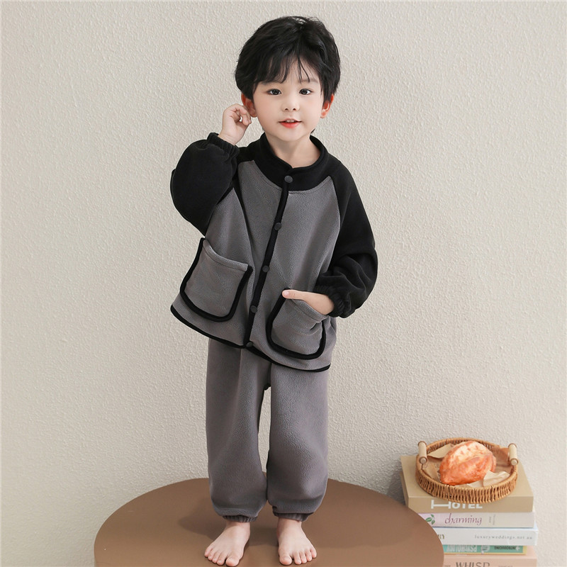 男童睡衣秋冬季奥粒绒立领开衫加厚款男孩宝宝冬款儿童家居服套装