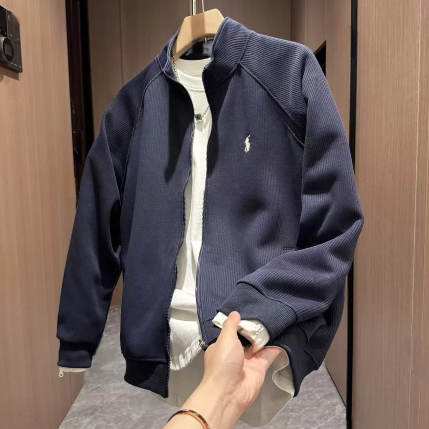 春秋爆款潮牌针织刺绣立领夹克男轻奢高级感时尚宽松百搭上衣外套