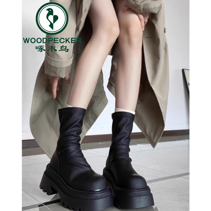 啄木鸟厚底弹力靴显瘦短靴女2025新款秋季百搭瘦瘦靴子增高马丁靴