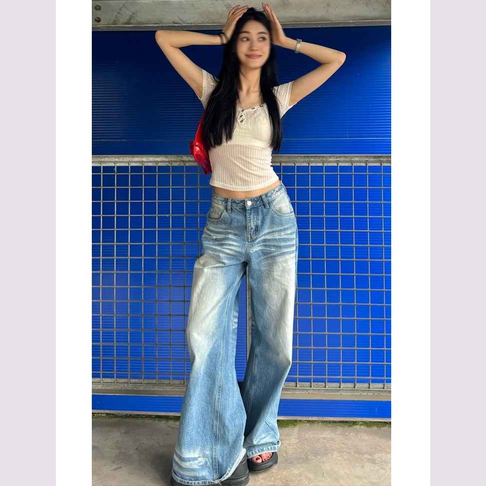 美式浅蓝阔腿牛仔裤女秋冬新款高个子高腰宽松显瘦垂感拖地直筒裤