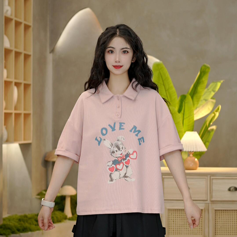 6739 夏季新款爱心兔子印花T恤女休闲百搭宽松翻领短袖上衣女