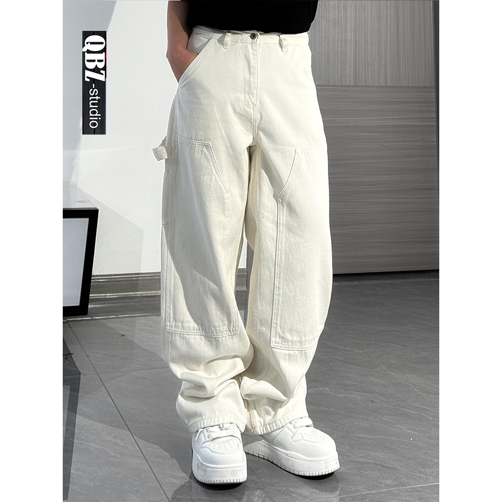 QBZ巴黎潮牌复古工装裤显瘦水洗美式米白宽松直筒牛仔裤伐木裤男