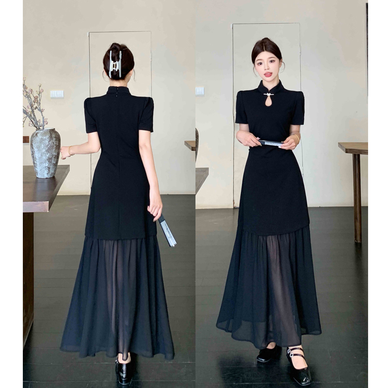 大码夏季新中式国风旗袍裙气质黑色显瘦网纱裙摆拼接连衣裙长裙子