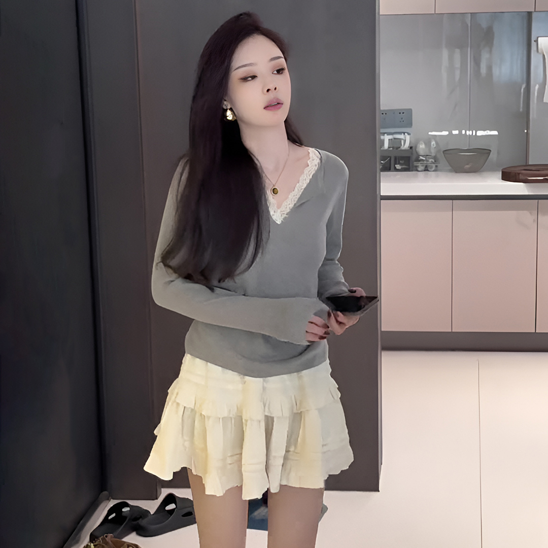 蕾丝拼接V领长袖针织衫女装2025新款秋季小个子时尚洋气减龄上衣