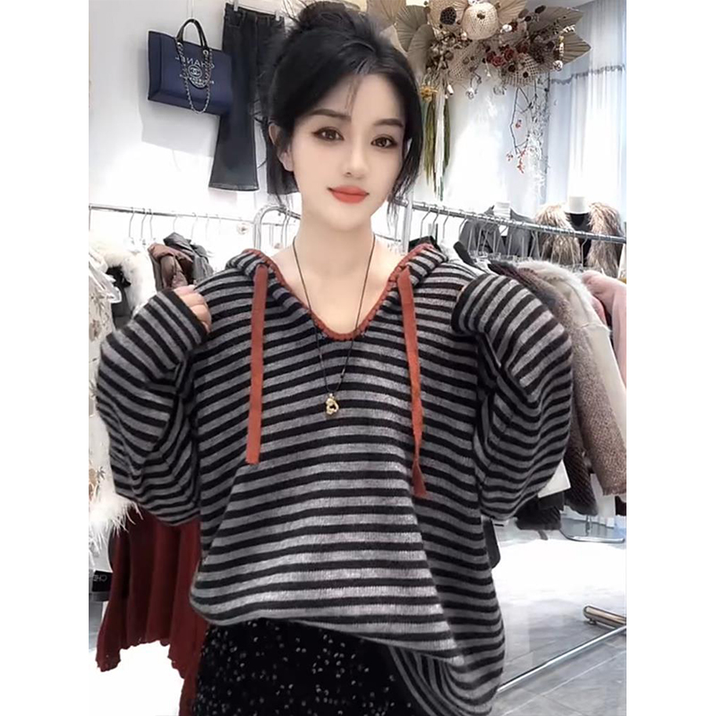 欧洲站2026春秋新款连帽条纹宽松休闲减龄百搭羊毛针织衫毛衣爆款