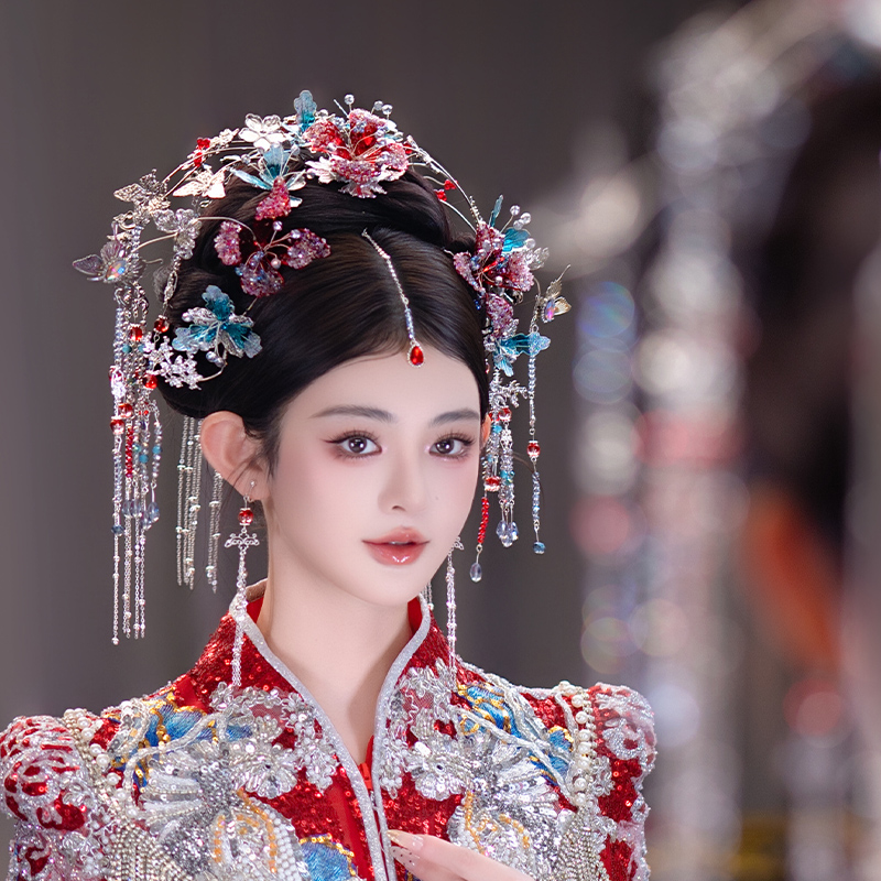 合金婚庆饰品 新中式银色古风秀禾流苏后区新娘复古减龄头饰G0234