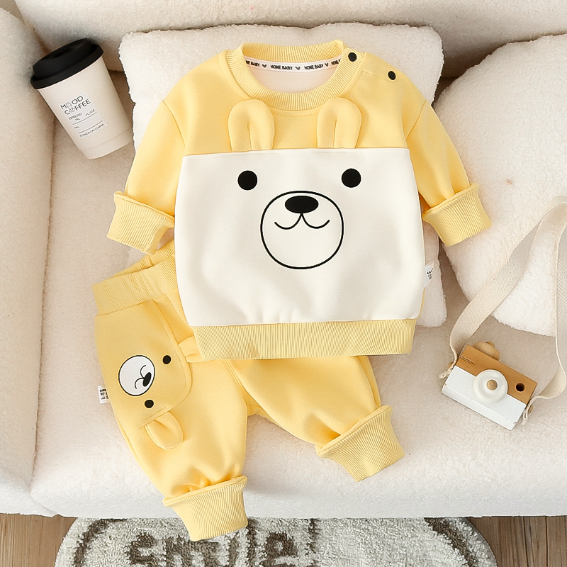 宝宝新款春秋儿童分体拼接卡通小熊套装长袖运动套装婴幼儿外出服