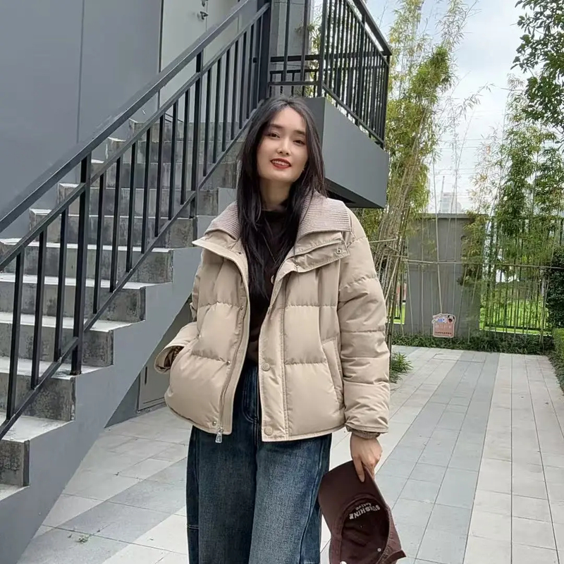 85692-秋冬厚款90鸭绒翻领羽绒服女款宽松时尚休闲潮流简约百搭