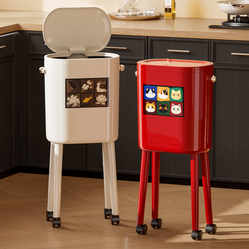 中古风免弯腰厨房垃圾桶可移动带盖防臭家用客厅大容量垃圾筒高脚
