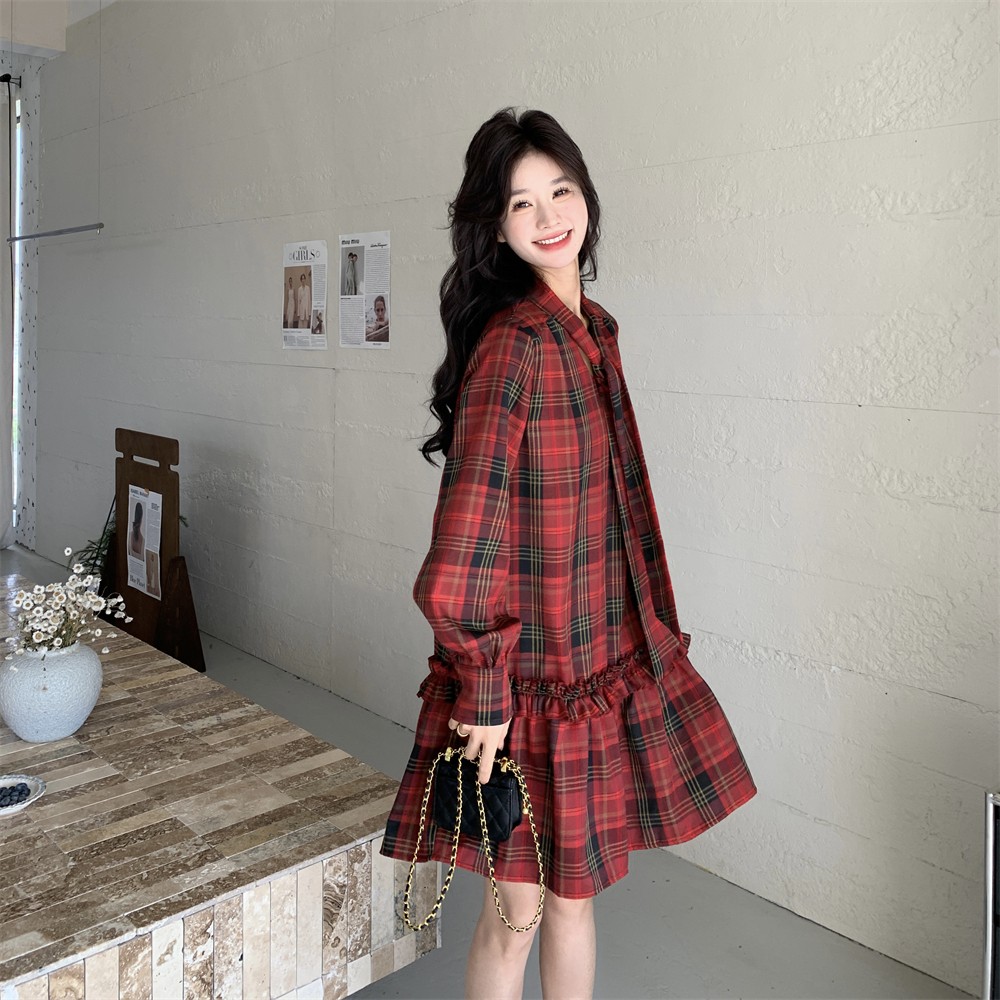 复古红色格纹连衣裙女春秋2025新款小个子气质减龄学院风独特漂亮