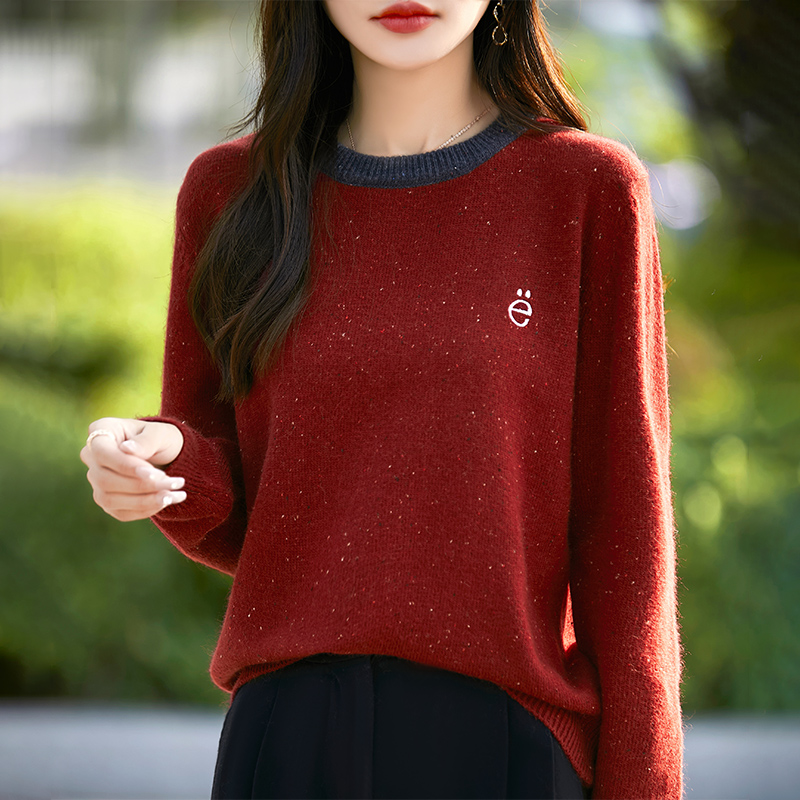 时尚品牌女装秋季款浣熊彩点羊毛针织衫长袖圆领撞色时尚女士上衣