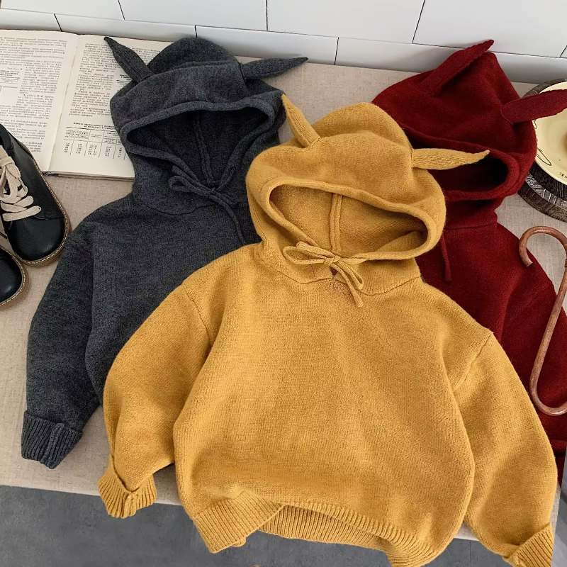 韩国童装儿童毛衣2025秋装新款女童纯色休闲百搭针织连帽男童套衫