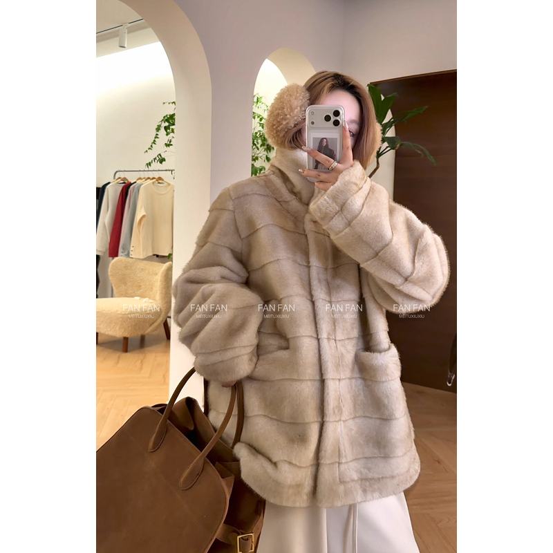 人造皮草 【瘦瘦】余温褶皱-大码立领渐变毛毛一体环保毛外套F0089