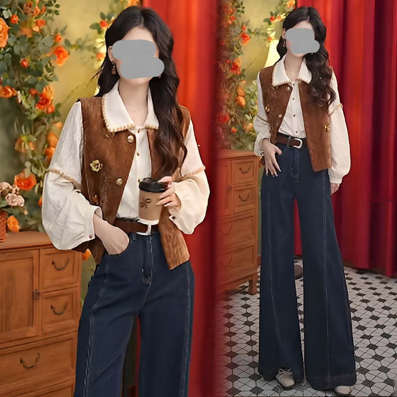 港风复古衬衫牛仔马甲三件套女2025春秋新款宽松设计感时尚套装