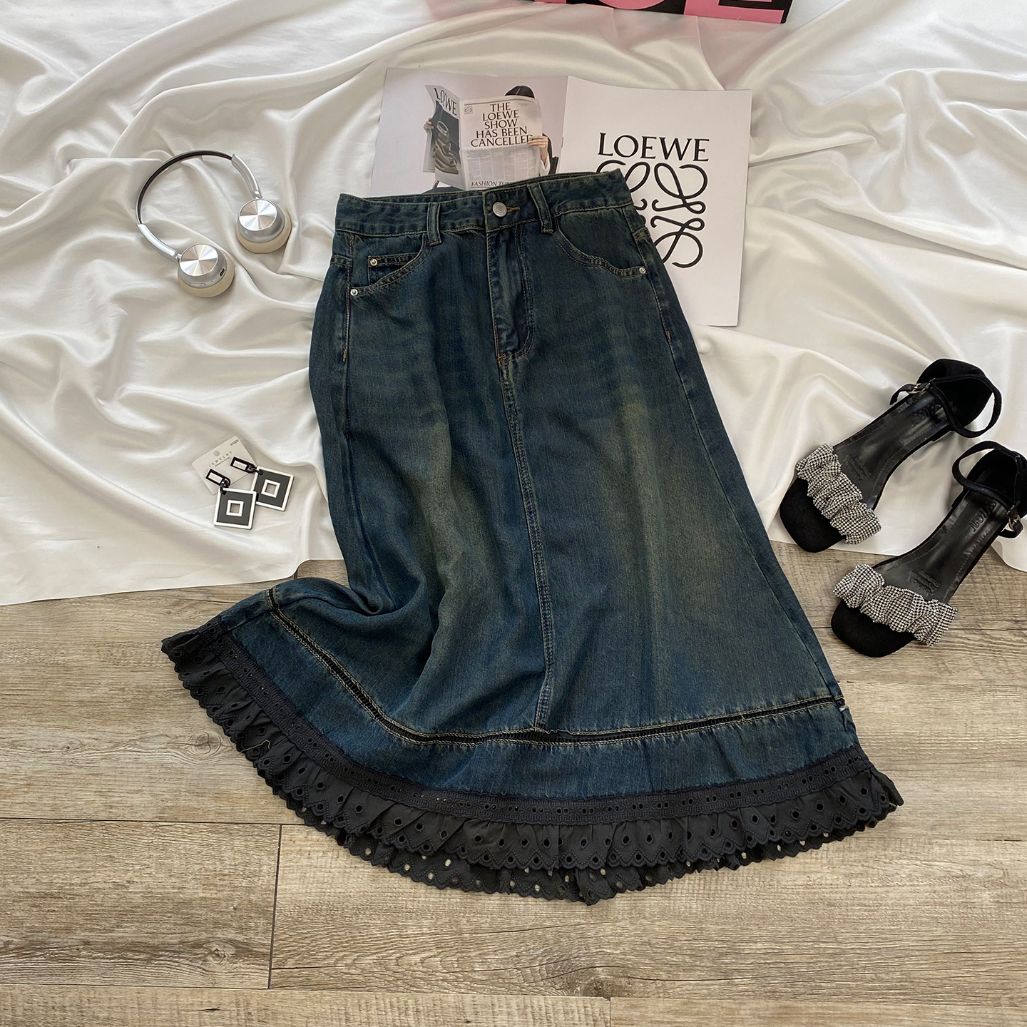 复古天丝牛仔半身裙女2025年夏薄款新款高腰显瘦中长款a字包臀裙