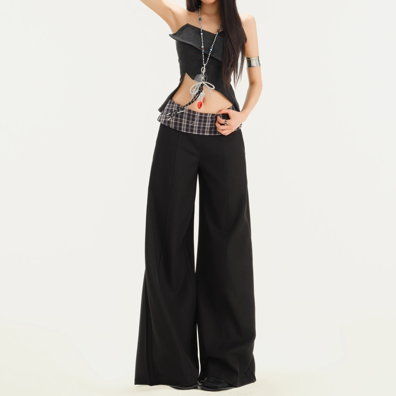 知意 黑色中腰垂感西装长裤2025春夏高级感宽松直筒拖地休闲裤女