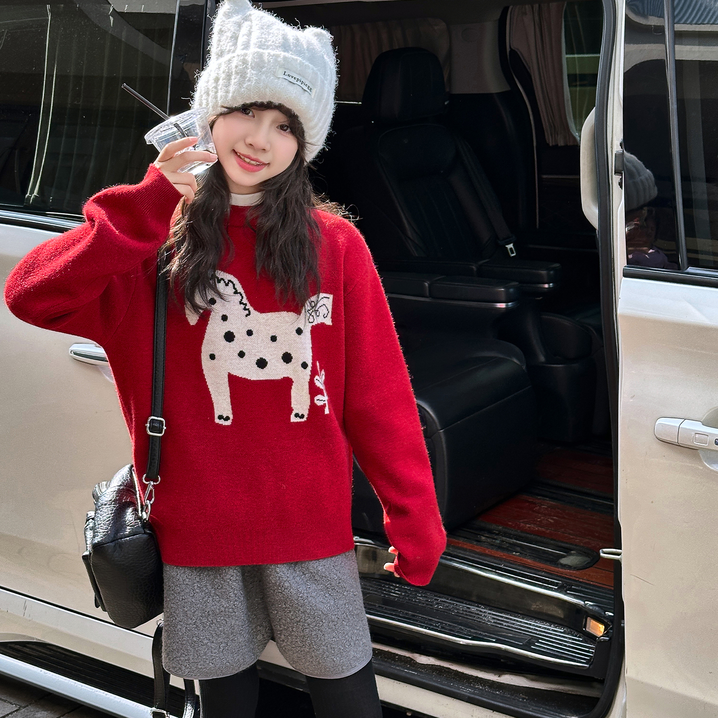 女童小马提花毛衣本命年红色女孩洋气休闲加厚针织衫套头打底衫冬