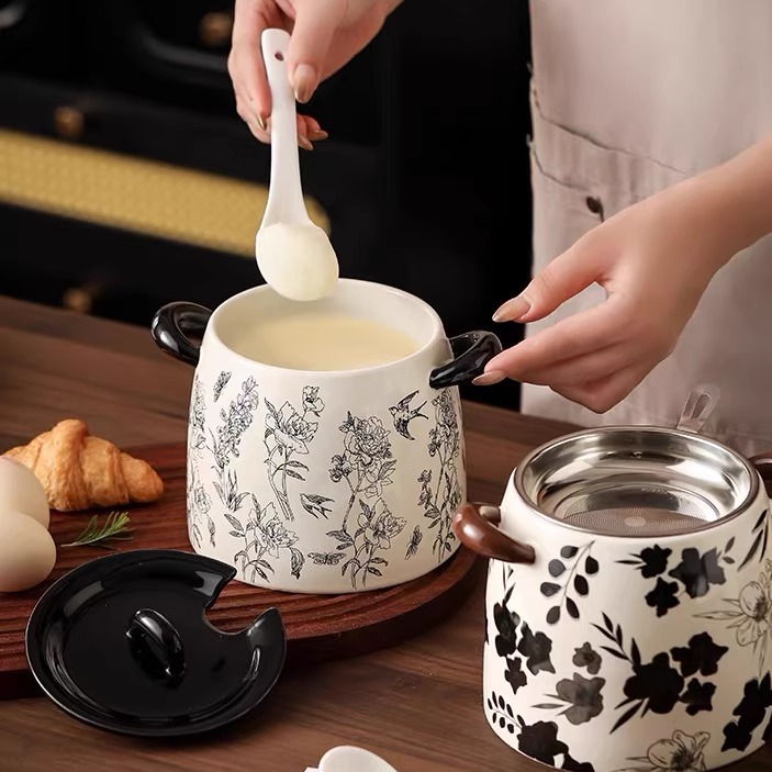 繁花猪油罐高级黑法式带盖调味罐中古风高温耐热304不锈钢滤网