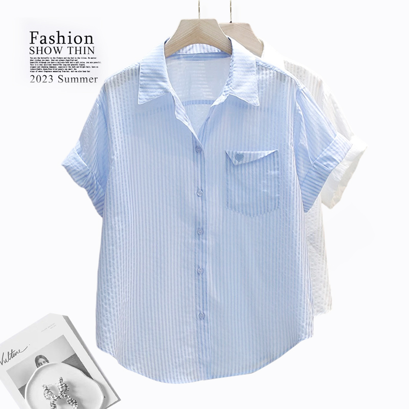 夏季新款条纹POLO领短袖衬衫女洋气宽松显瘦微胖女装时尚百搭上衣