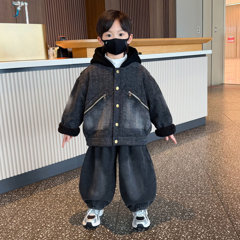 男童加绒牛仔外套2025新款冬季加厚儿童酷帅宝宝保暖衣服男孩冬装