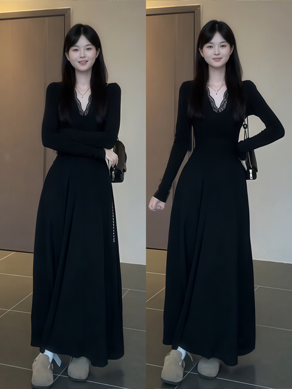 大码胖MM韩系纯欲蕾丝拼接黑色v领长袖连衣裙女气质收腰大摆长裙