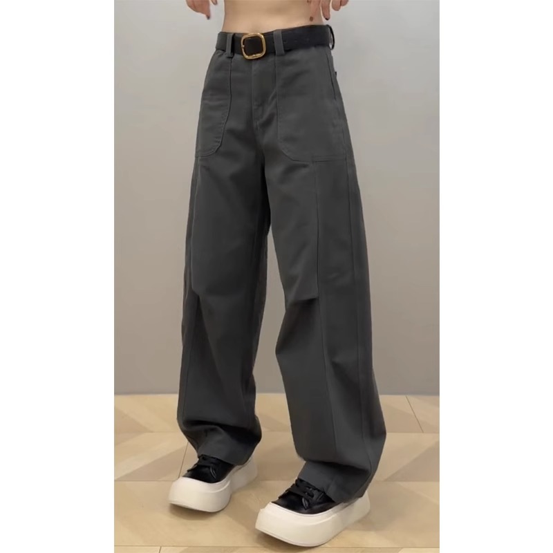 灰色工装牛仔裤女秋季新款胖mm大码阔腿裤百搭显瘦高腰弯刀裤