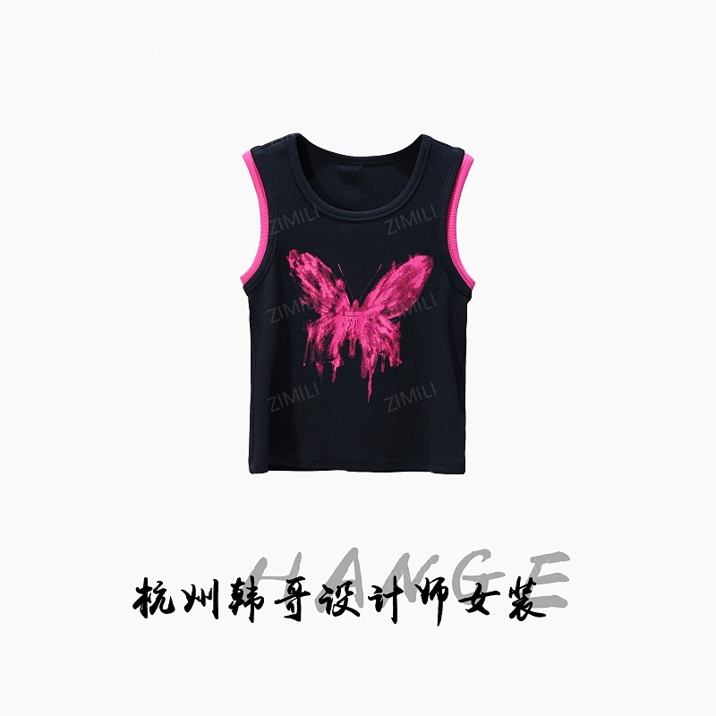 【韩哥女装】2025欧版简约暗夜黑蝴蝶水印时尚休闲高弹背心9298-B8