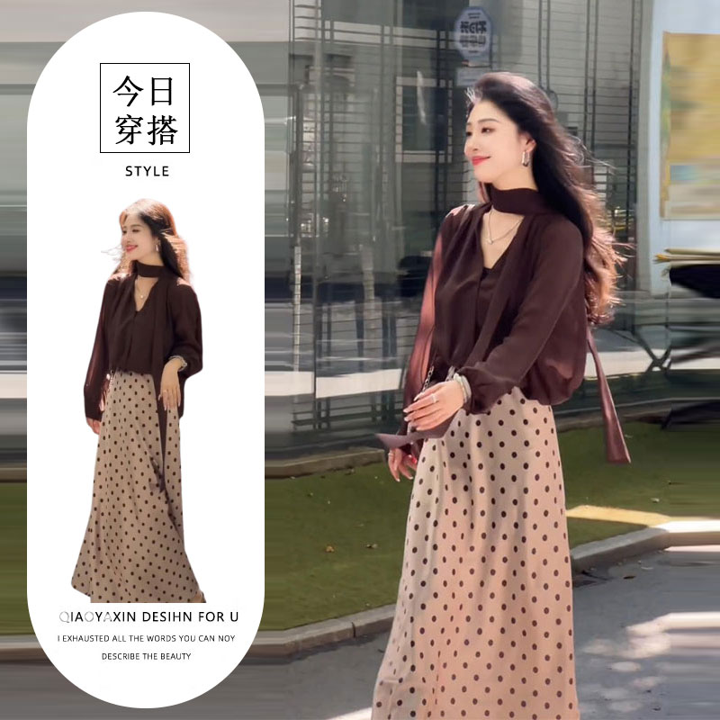 韩版气质V领飘带长袖衬衫波点半裙女装2025秋季新款名媛时尚套装